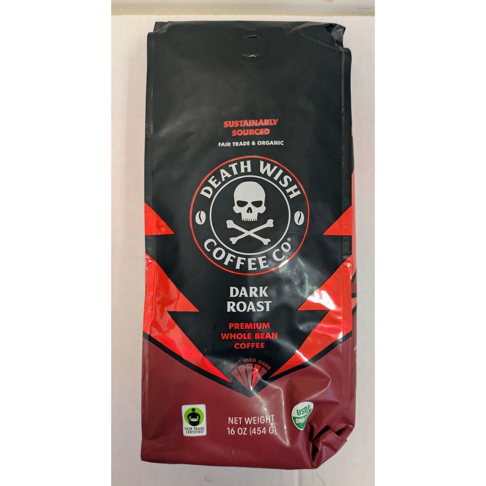 Death Wish Coffee, Organic and Fair Trade Dark Roast Whole Bean Coffee, 16 oz